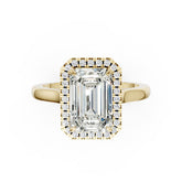 Emerald Brilliant Cut Halo Diamond Cathedral Shank Ring