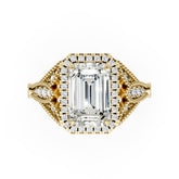 Vintage Inspired Emerald Cut Lab Diamond Milgrain Halo Wedding Ring