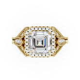 Vintage Inspired Asscher Cut Lab Diamond Milgrain Halo Wedding Ring