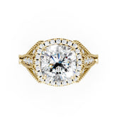 Vintage Inspired Cushion Cut Lab Diamond Milgrain Halo Wedding Ring