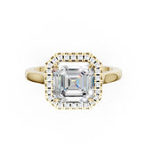 Asscher Brilliant Cut Halo Diamond Cathedral Shank Ring