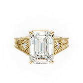 Antique Three Stone Leaf Engraved Band Emerald Cut Ring