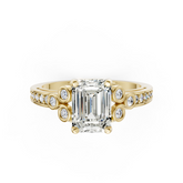 Emerald Cut Diamond With Bezel Cluster & Scroll Gallery Ring