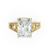 Antique Three Stone Leaf Engraved Band Radiant Cut Ring