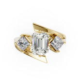 Emerald and Princess Cut Diamond Three-Stone Bypass Ring
