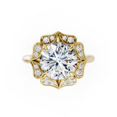 Round Cut Diamond Floral Halo Cathedral Shank Ring