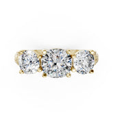 Cushion Cut Three-Stone With Ribbed Textured Band Ring