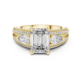 Emerald Diamond With Pear Side Stones & Double Pave Ring