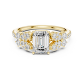 Emerald Cut Diamond Floral Cluster Accents Engagement Ring