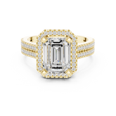 Emerald Diamond Halo Ring With Two-Row Pave Band