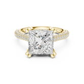 Princess Cut Diamond Hidden Halo Triple Row Pave Band Engagement Ring
