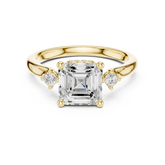 Asscher Cut Three-Stone Ring with Hidden Halo & Cathedral Shank