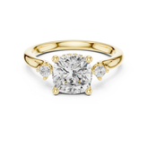 Cushion Cut Three-Stone Ring with Hidden Halo & Cathedral Shank
