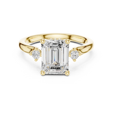 Emerald Cut Three-Stone Ring with Hidden Halo & Cathedral Shank