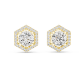 Hexagon Halo Round Shape Diamond Stud Earrings