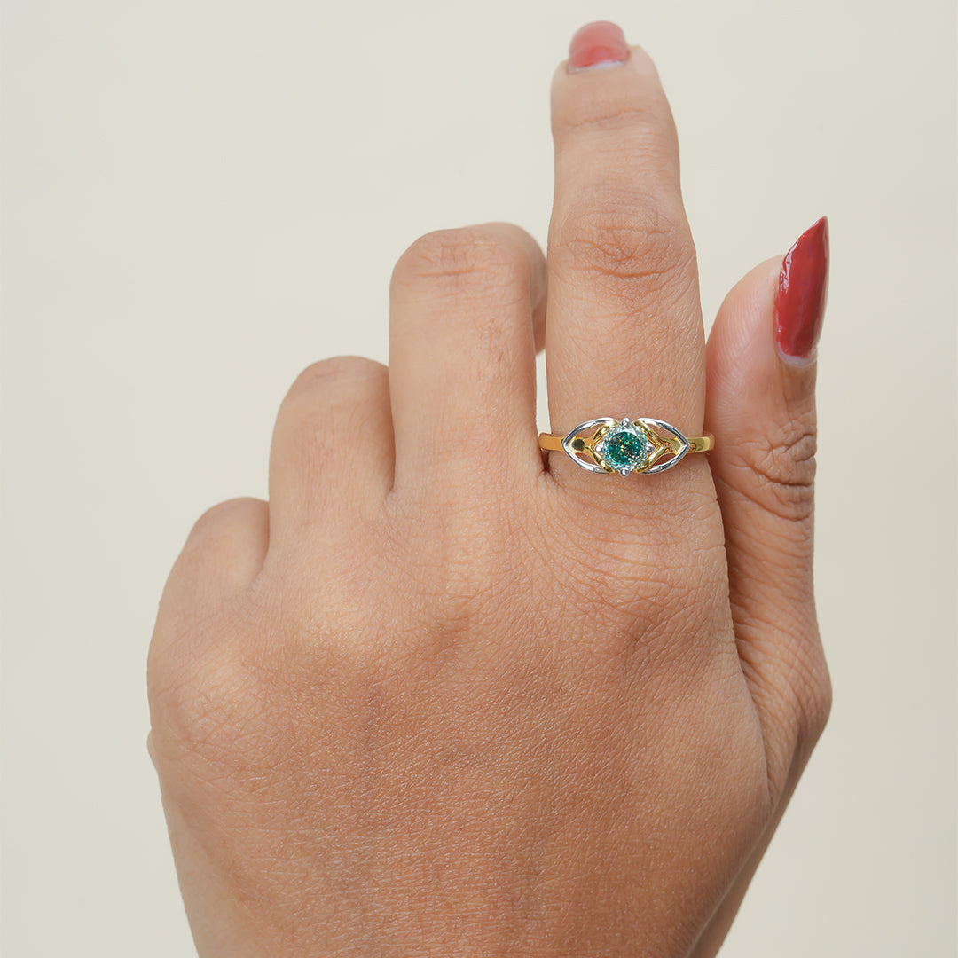 Solitaire Green Round Two Tone Ring