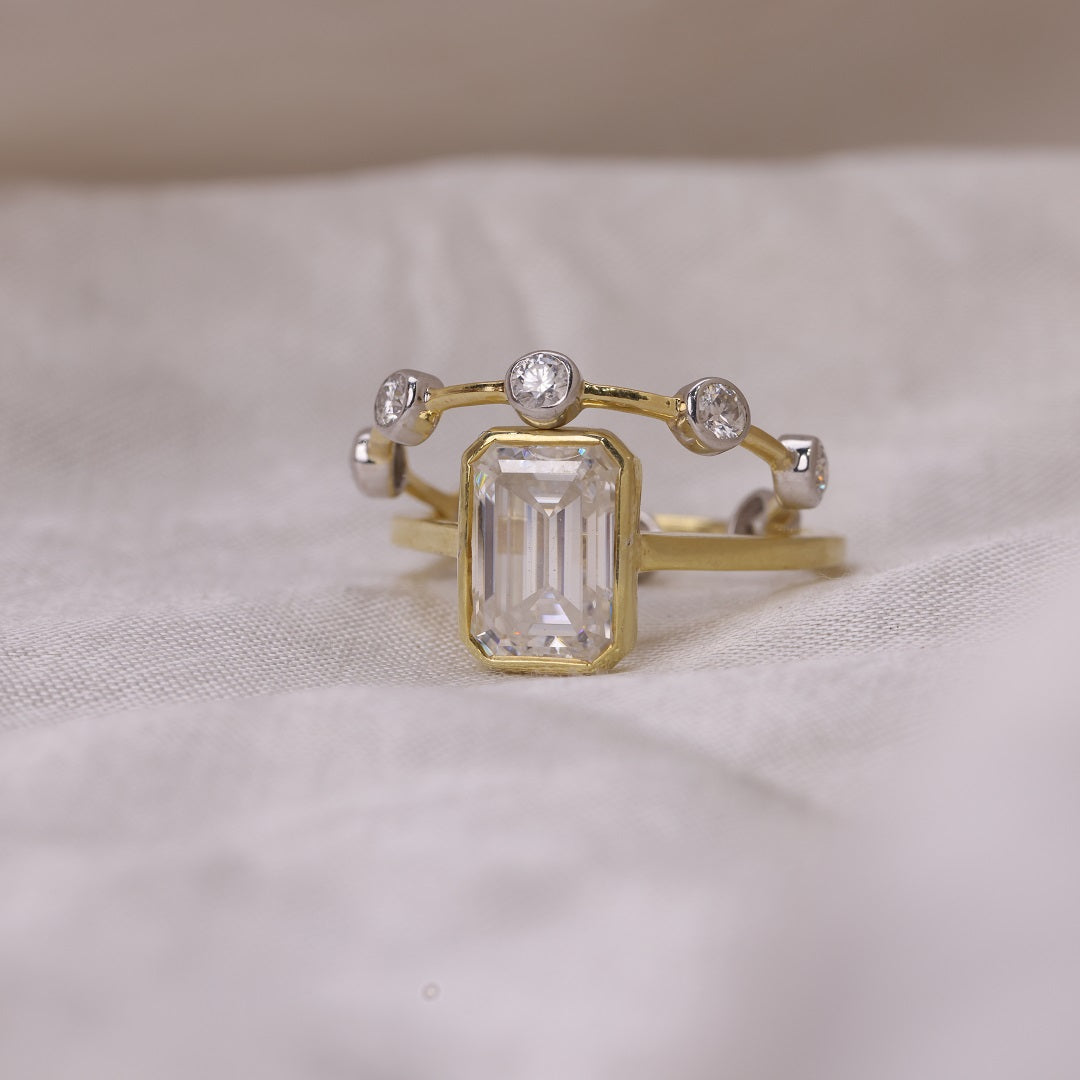 Solitaire Emerald Cut Bezel Set Bridal Set Ring