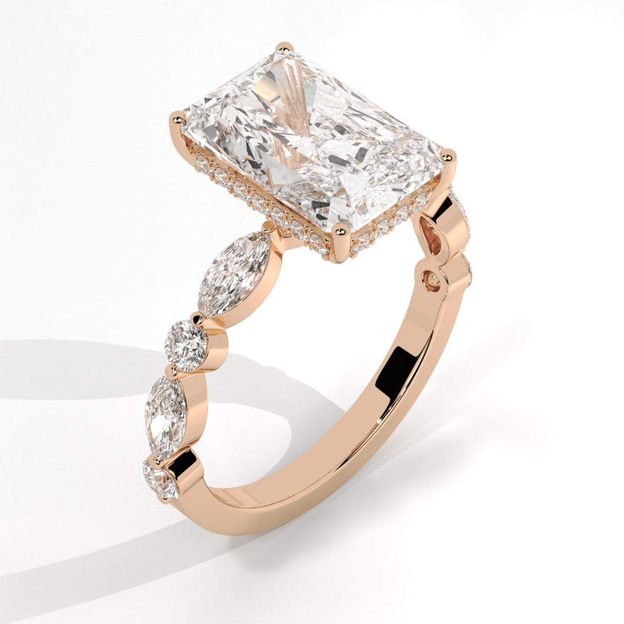 Radiant Cut Engagement Ring with Marquise & Round Side Accent