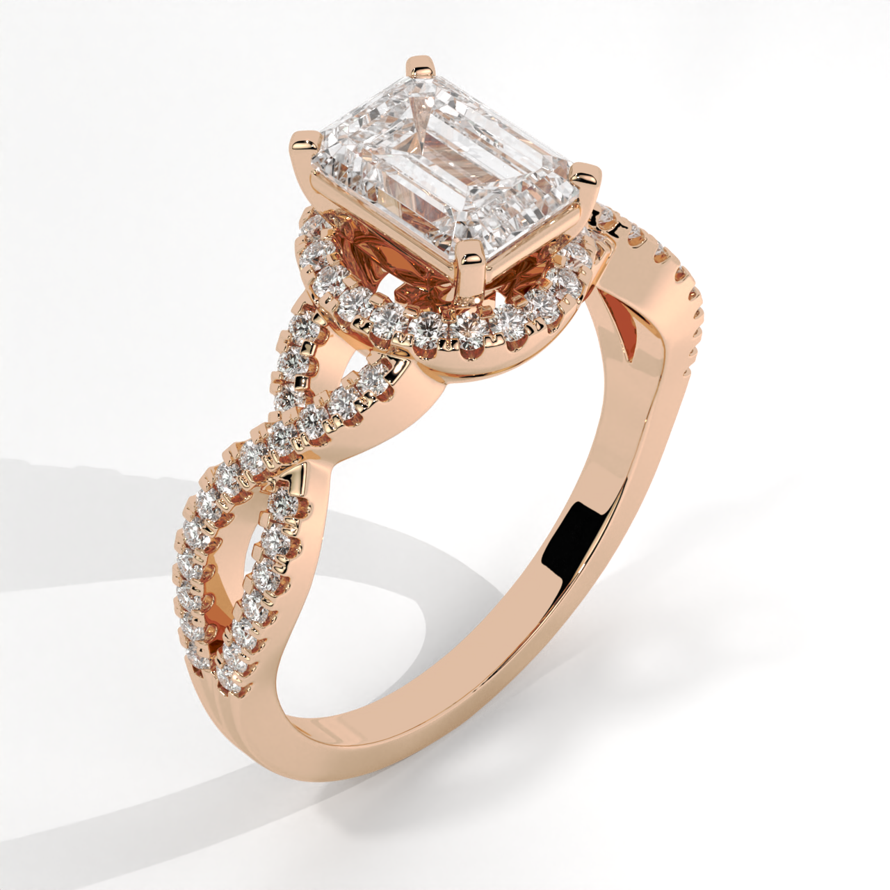 Emerald Cut Lab Diamond Halo Engagement Ring with Twisted Shank