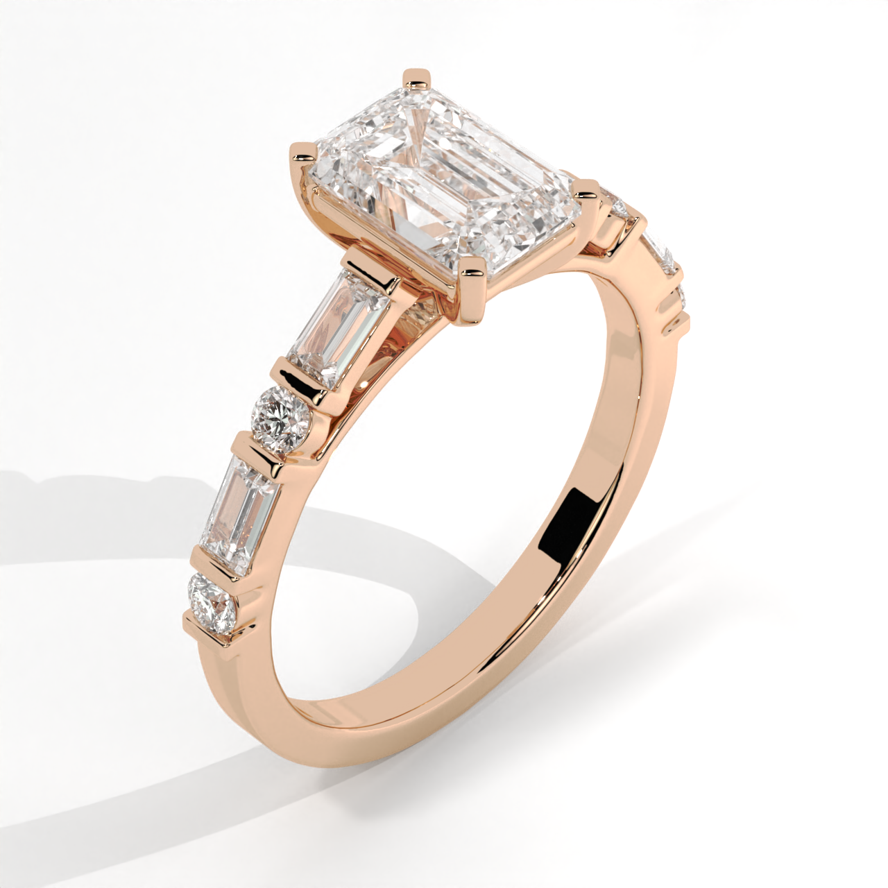 Emerald Cut Anniversary Ring With Alternating Baguette & Round Diamond Accents