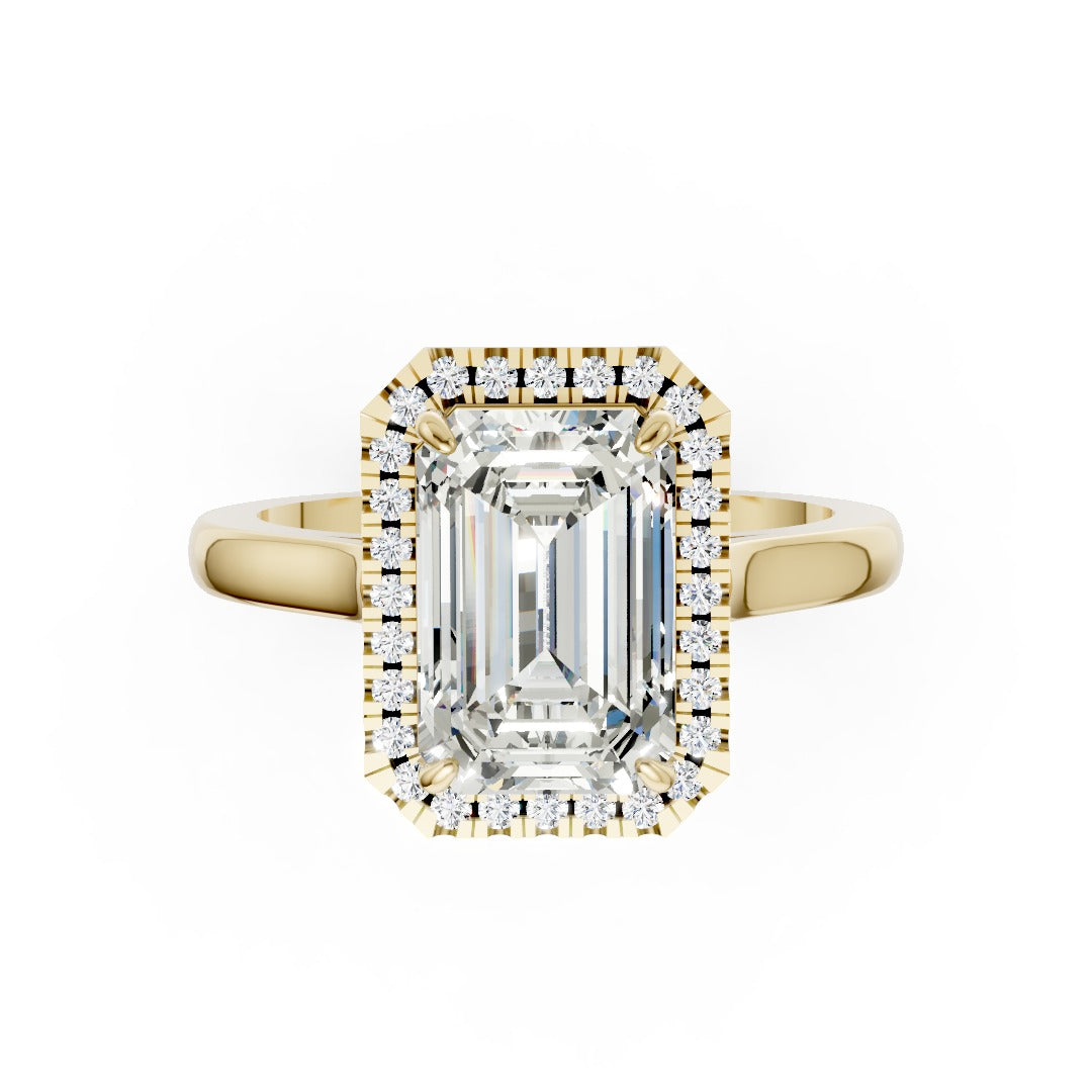 Emerald Brilliant Cut Halo Diamond Cathedral Shank Ring