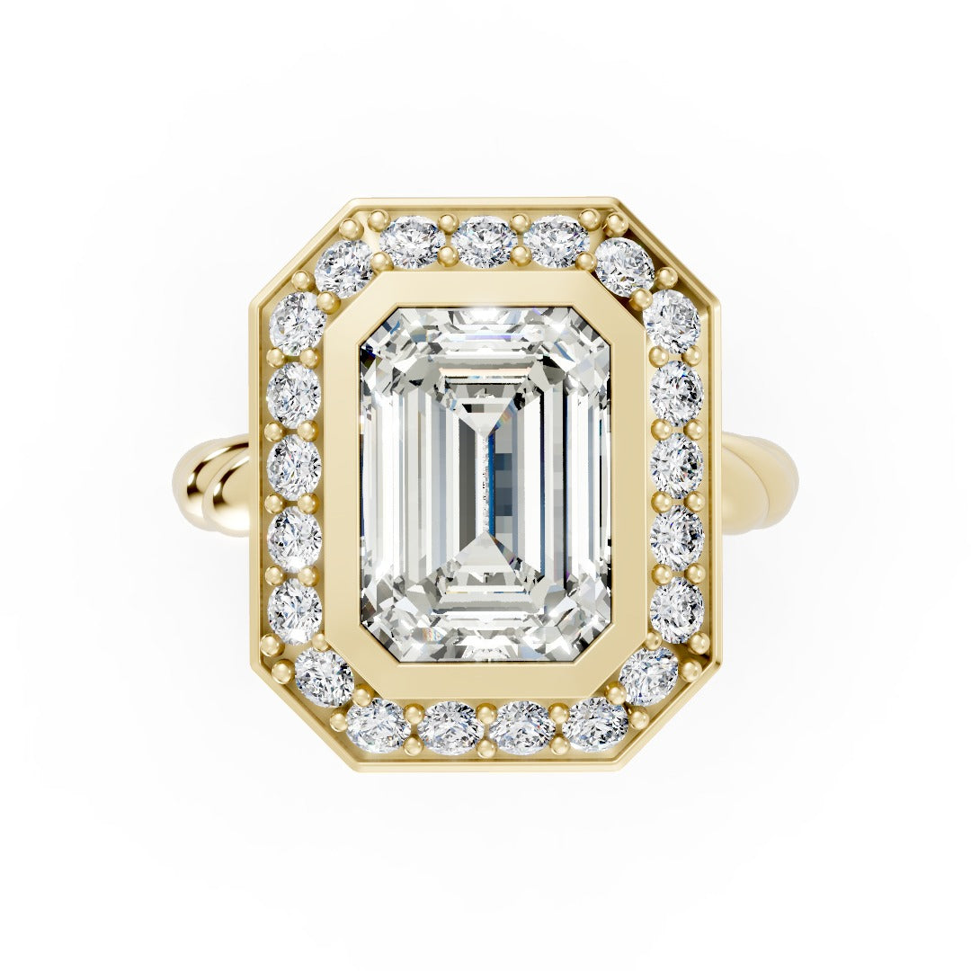 Vintage Emerald Cut Halo Twist Rope Shank Ring