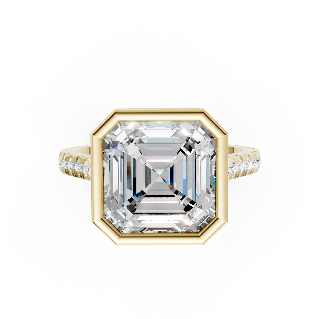 Asscher Brilliant Diamond Bezel Engagement Ring with Hidden Halo Diamond