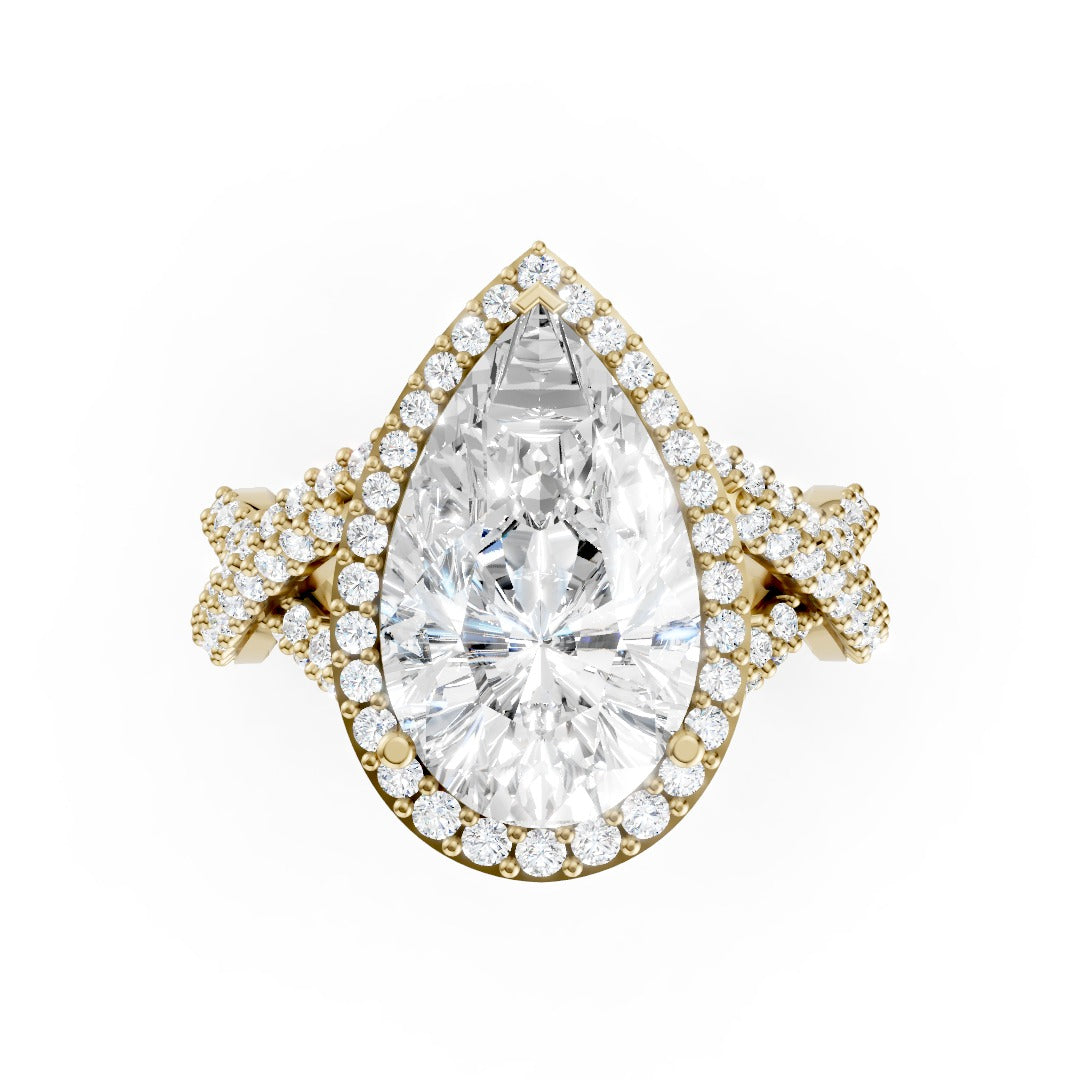 Pear Cut Twisted Pave Half Eternity Halo Diamond Ring