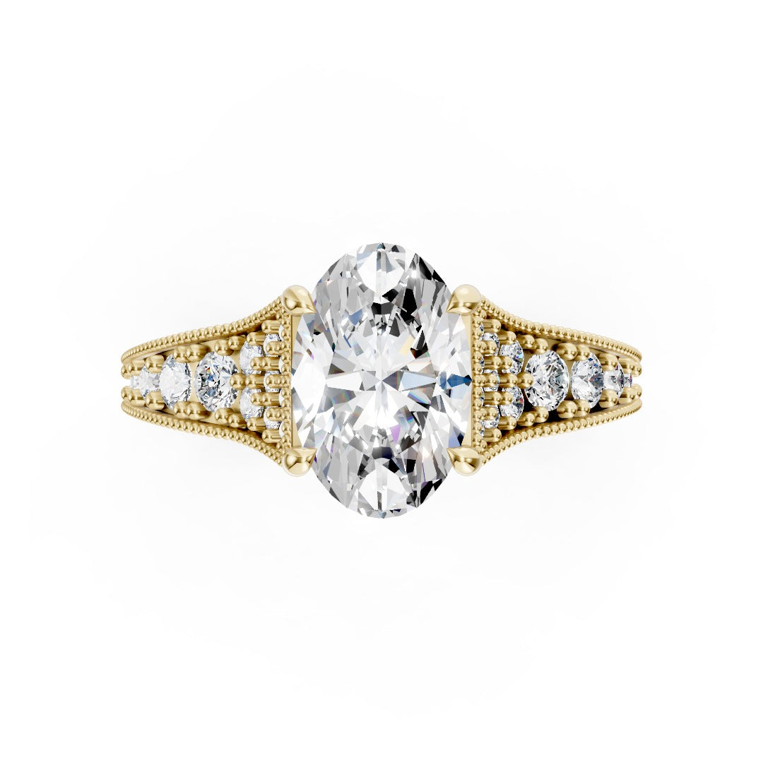 Oval Cut Lab Diamond Milgrain Cathedral Engagement Ring With Pave