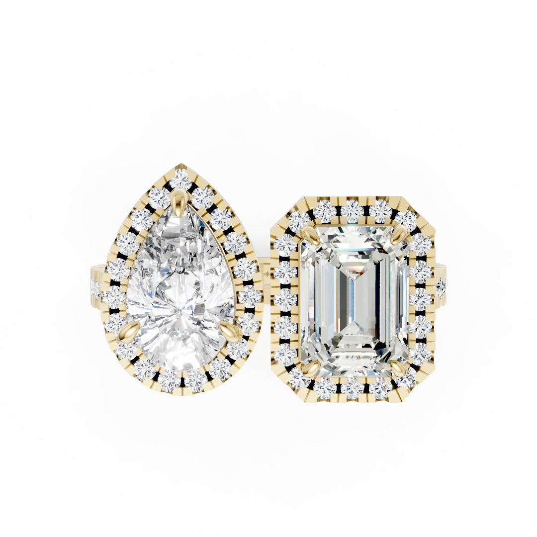 You And Me Pear And Emerald Diamond Cathedral Shank Ring