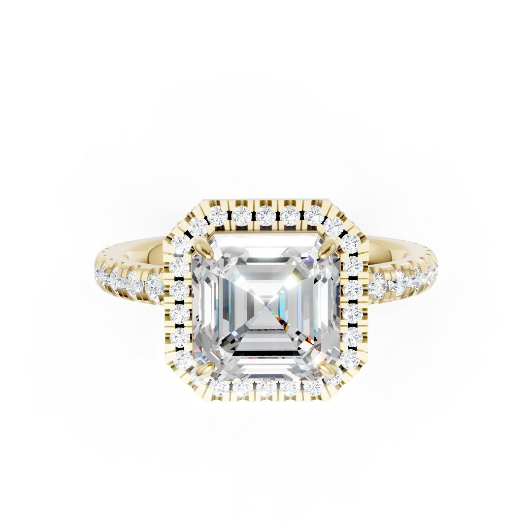 Lab Grown Asscher Diamond Halo Engagement Ring With Pave Set Band