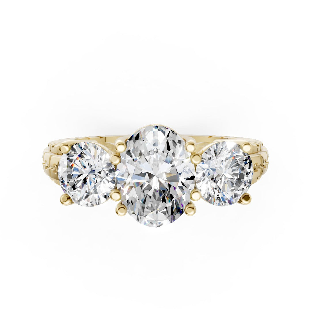 Oval Cut Three-Stone With Ribbed Textured Band Ring