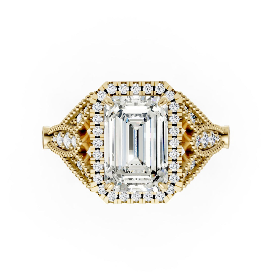 Vintage Inspired Emerald Cut Lab Diamond Milgrain Halo Wedding Ring