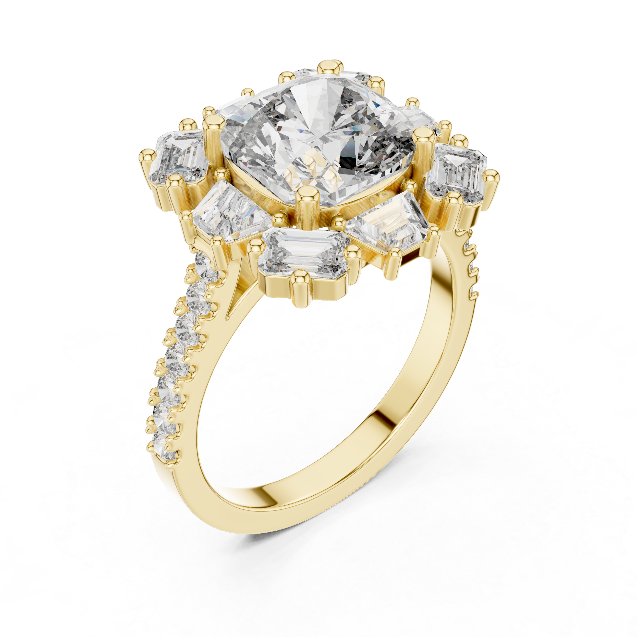 Cushion Cut Sunburst Halo Wedding Ring