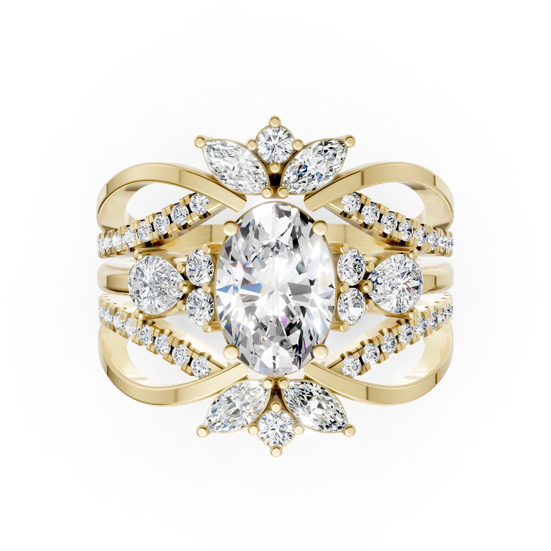 Art Deco Oval Cut Lab Grown Diamond Vintage Floral Cluster Bridal Ring Set