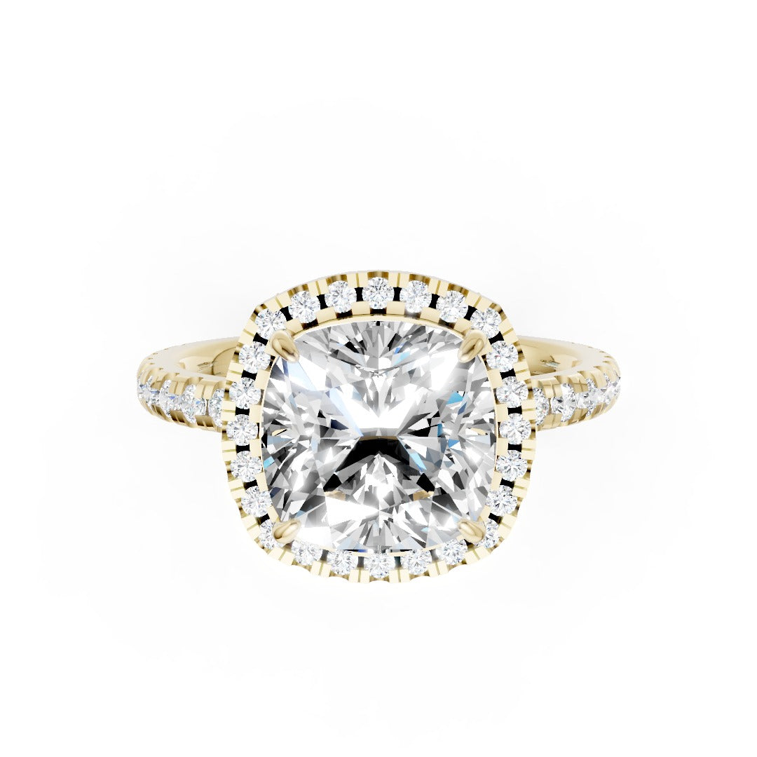 Lab Grown Cushion Diamond Halo Engagement Ring With Pave Set Band