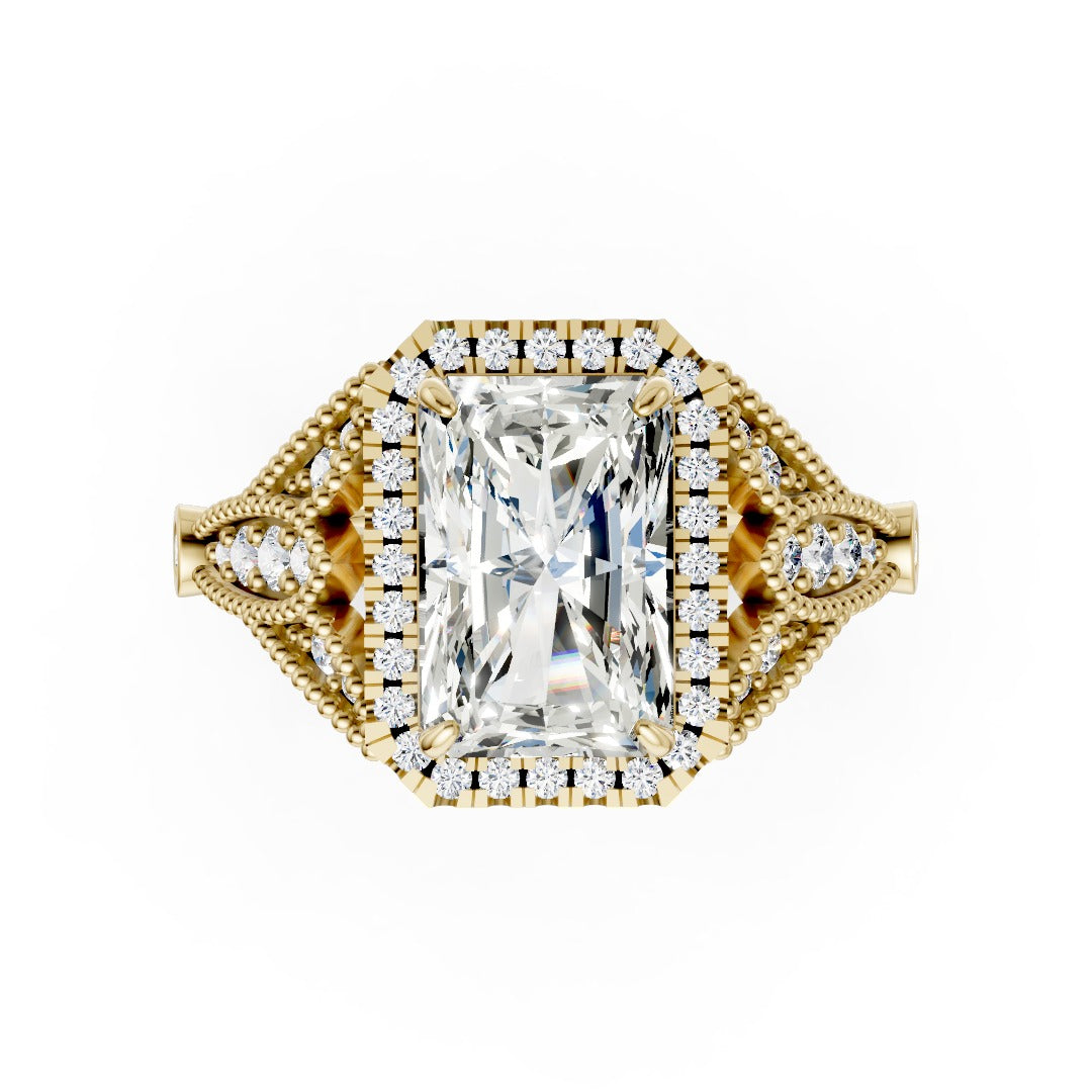 Vintage Inspired Radiant Cut Lab Diamond Milgrain Halo Wedding Ring