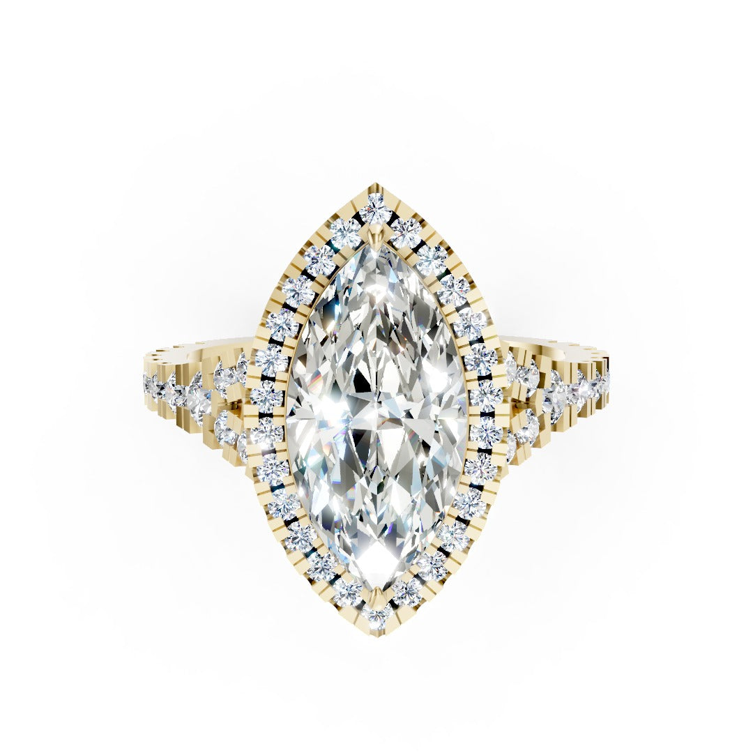 Marquise Cut Halo & V-Split Shank Pavé Diamond Ring