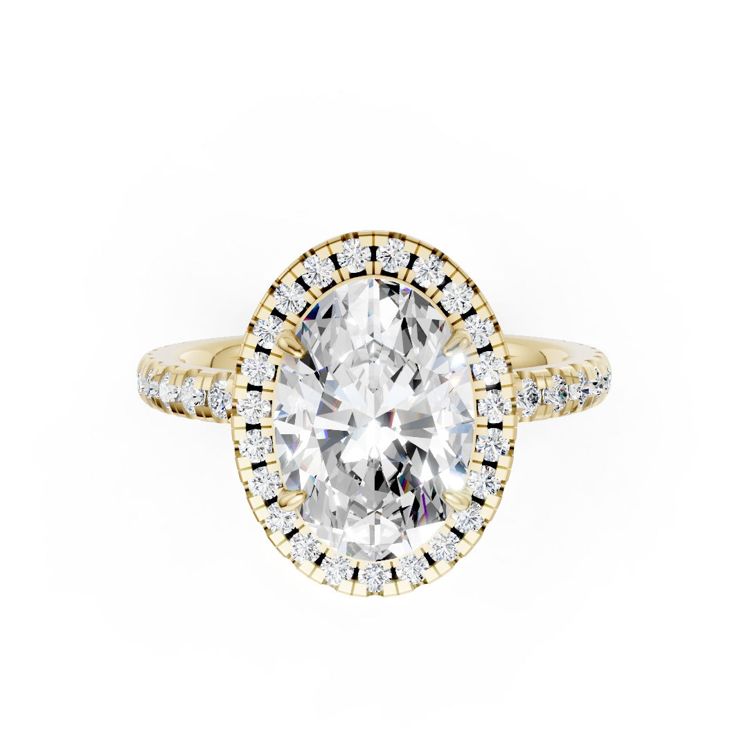Lab Grown Oval Diamond Halo Engagement Ring With Pave Set Band