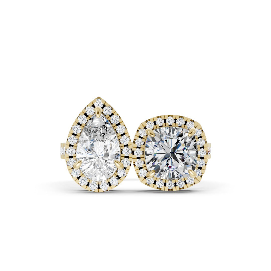 You And Me Pear And Cushion Diamond Cathedral Shank Ring