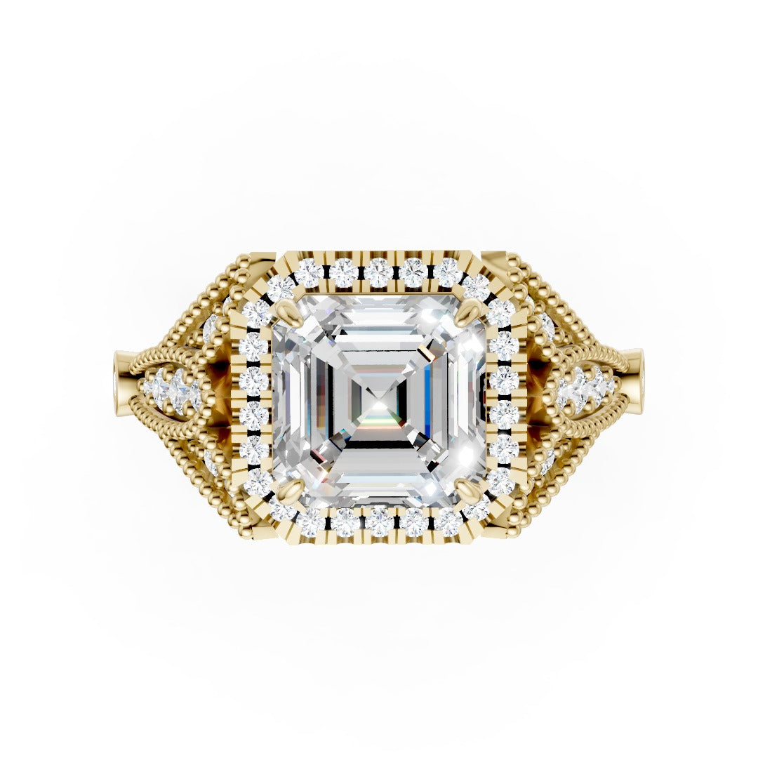 Vintage Inspired Asscher Cut Lab Diamond Milgrain Halo Wedding Ring