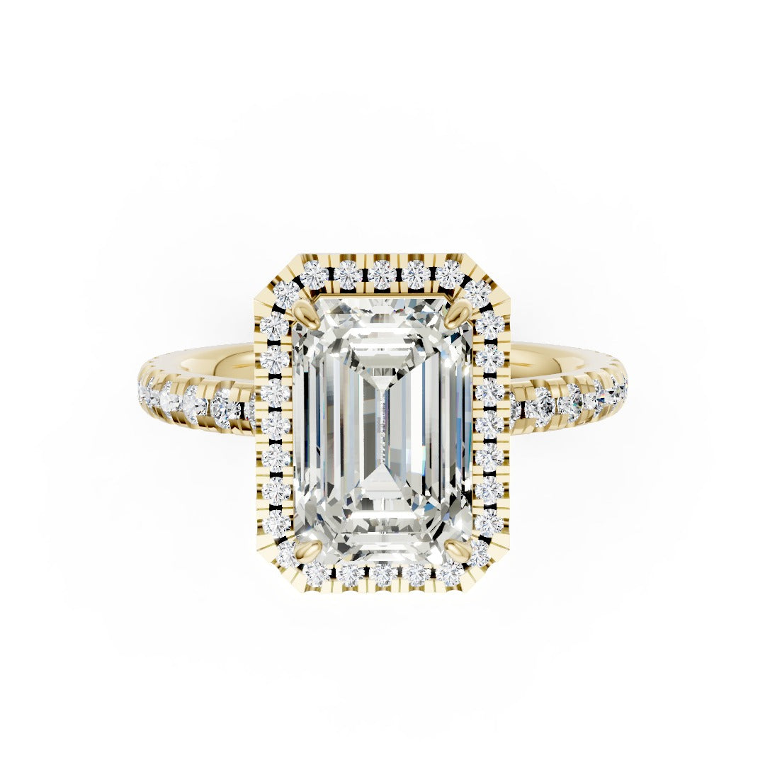 Lab Grown Emerald Diamond Halo Engagement Ring With Pave Set Band
