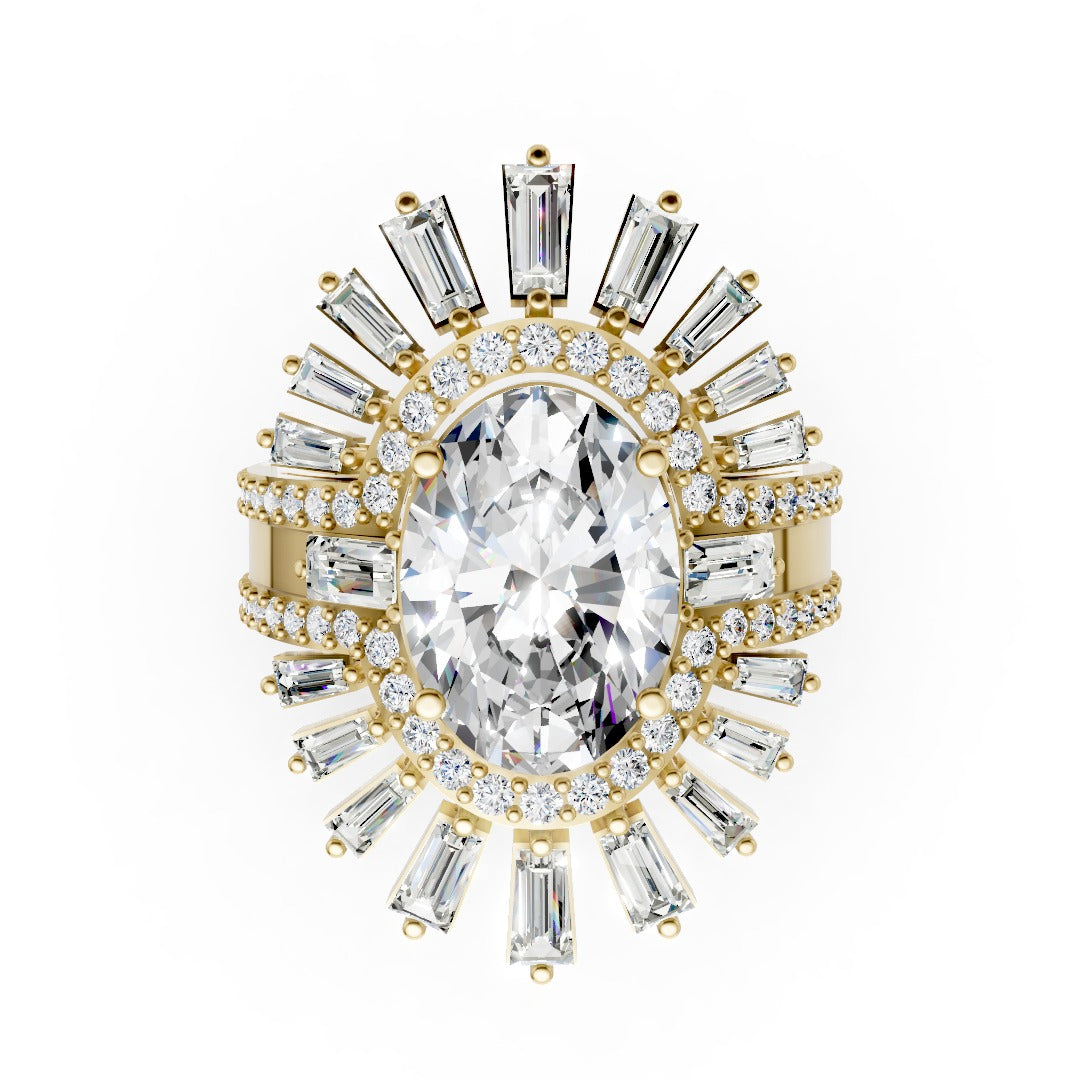 Vintage Inspired Multi Shaped Sunburst Halo Diamond Bridal Ring