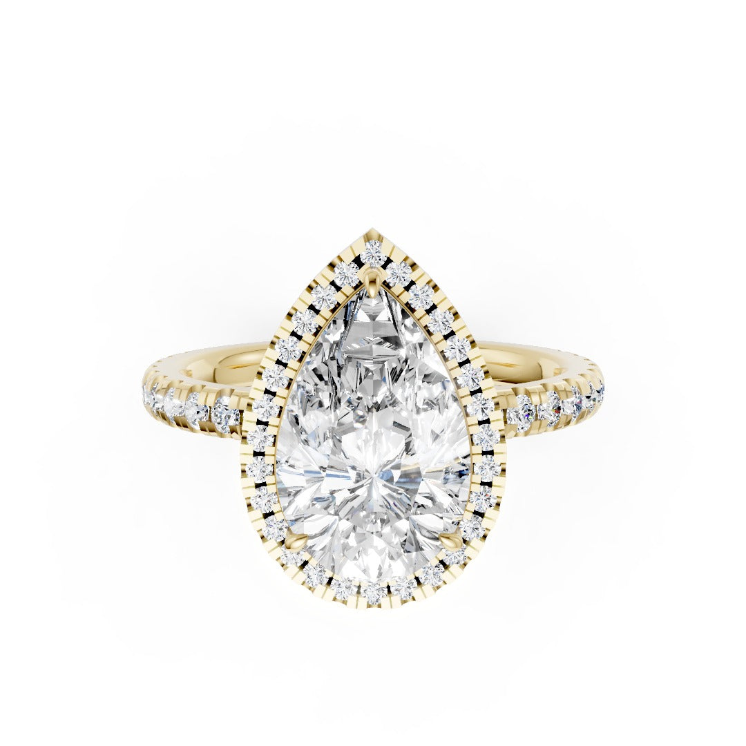 Lab Grown Pear Diamond Halo Engagement Ring With Pave Set Band