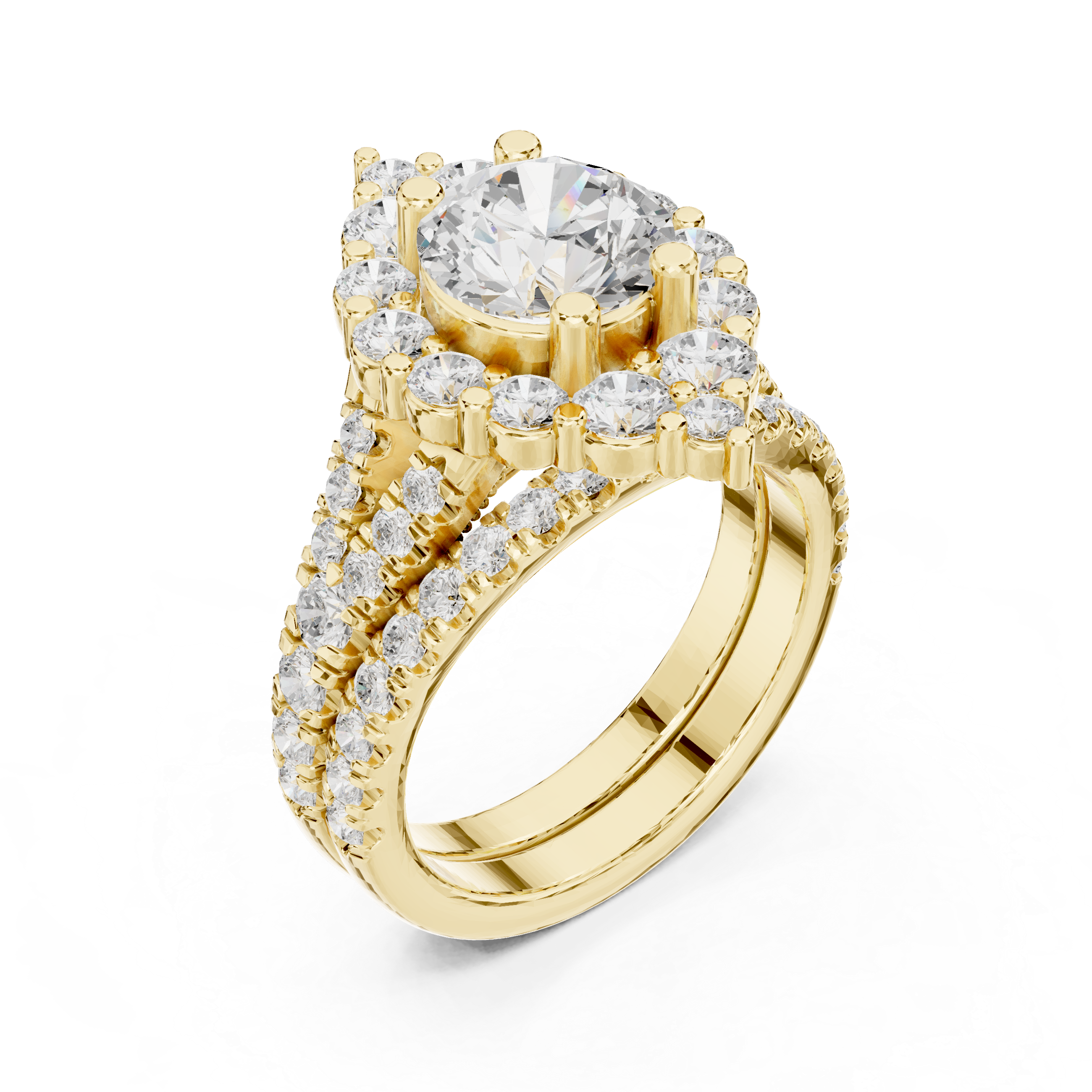Round Cut Pave Diamond Statement Ring with Triple Row Shank