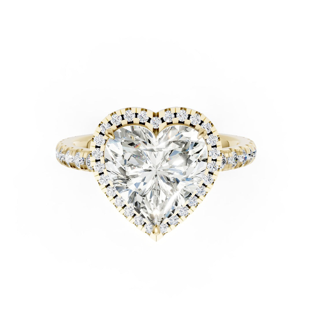 Lab Grown Heart Diamond Halo Engagement Ring With Pave Set Band