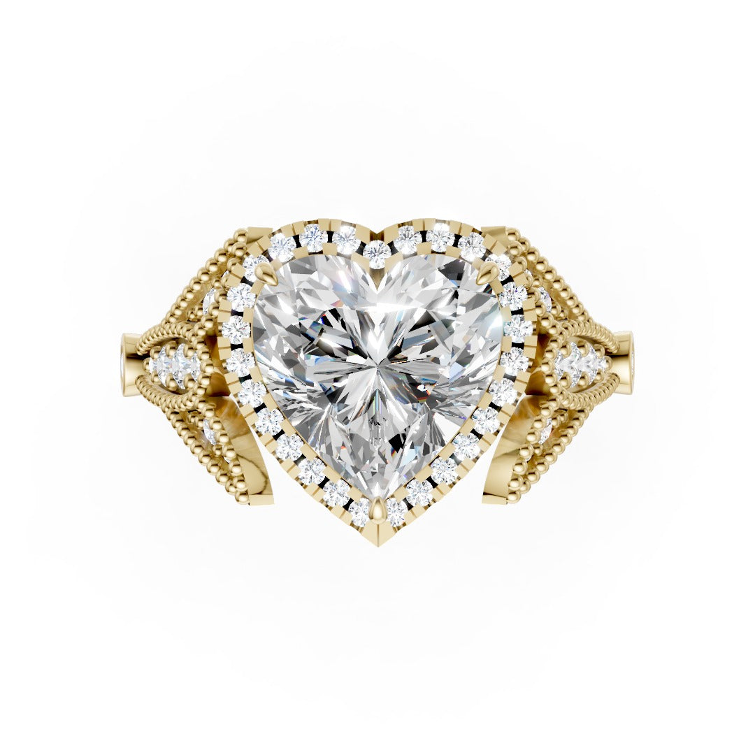 Vintage Inspired Heart Cut Lab Diamond Milgrain Halo Wedding Ring