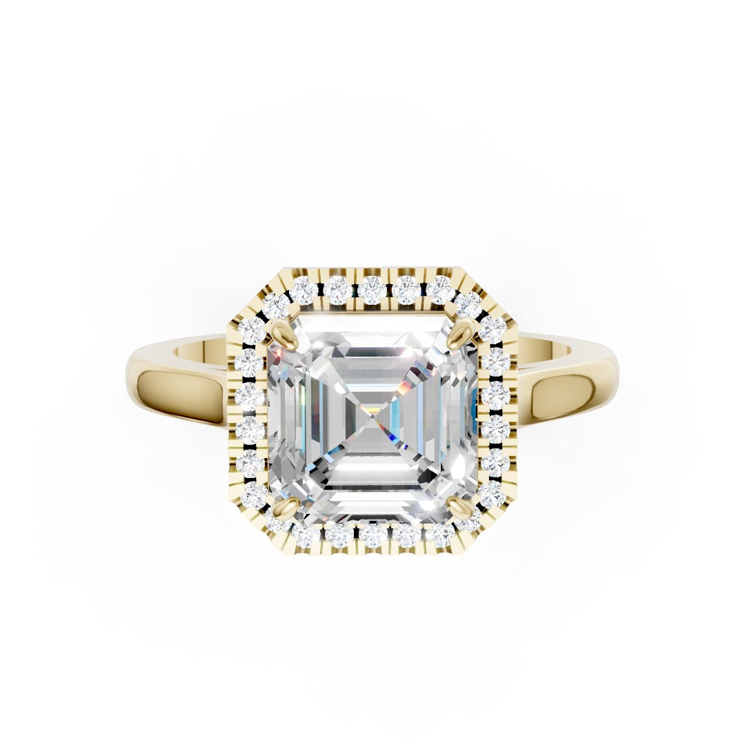 Asscher Brilliant Cut Halo Diamond Cathedral Shank Ring