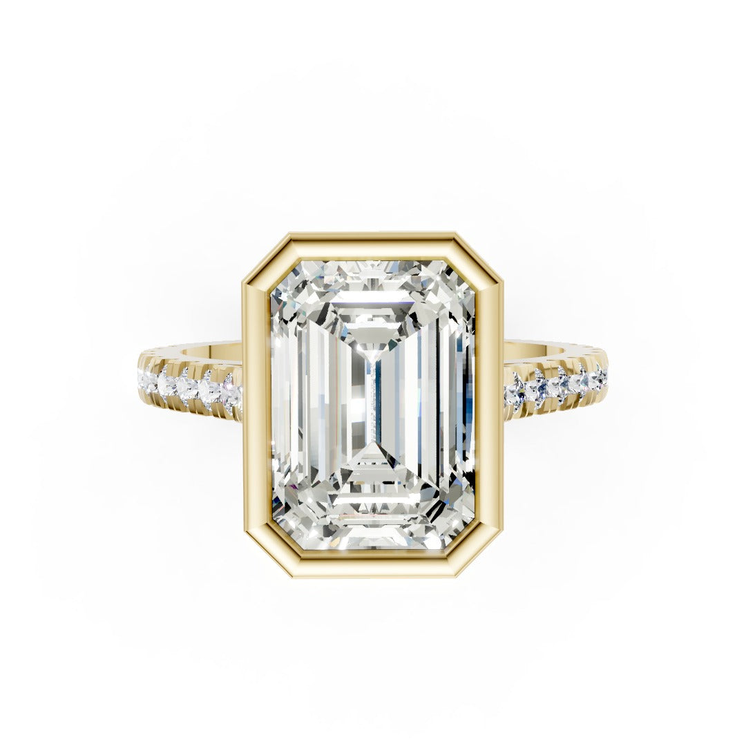 Emerald Brilliant Diamond Bezel Engagement Ring with Hidden Halo Diamond