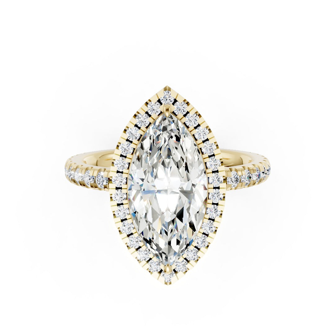 Lab Grown Marquise Diamond Halo Engagement Ring With Pave Set Band